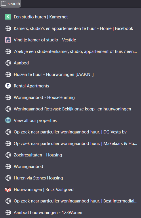 Screenshot of a browser bookmarks folder holding eighteen Dutch rental listing sites